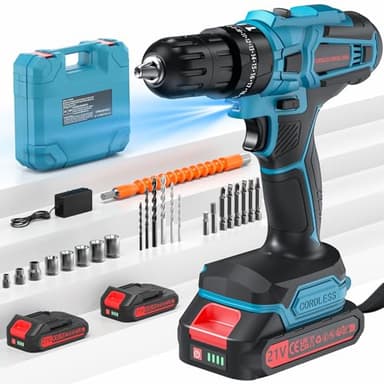 Akkuschrauber, 21V Akku Bohrschrauber Set mit 2 Akkus 2.0Ah, 45 Nm Max, 25+3 Drehmomentstufen,2-Gang,10mm Metallbohrfutter,LED-Licht,Für Reparatur & DIY