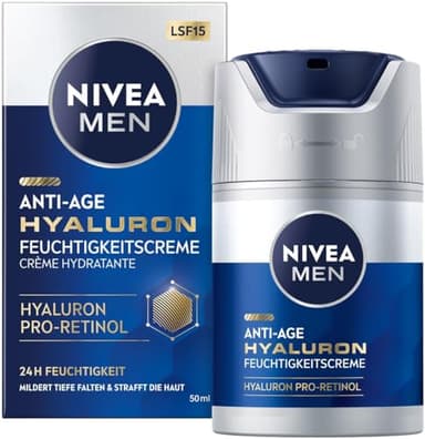 NIVEA MEN Anti-Age Hyaluron Feuchtigkeitscreme, Gesichtspflege für Männer mit Hyaluron, Pro-Retinol und LSF 15, Gesichtscreme für 24h Feuchtigkeit und sichtbare Faltenmilderung (50 ml)