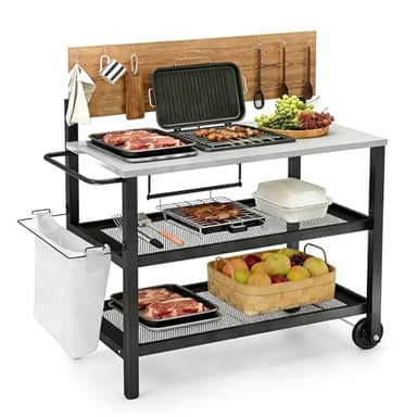 GIANTEX Servierwagen Grillwagen 4 Etagen mit aufklappbarem Tisch Grilltisch Müllsackhalter Küchenwagen auf Rädern Grill Beistelltisch mit Haken Outdoor Rollwagen Trolley mit Griff Pizzaofenständer