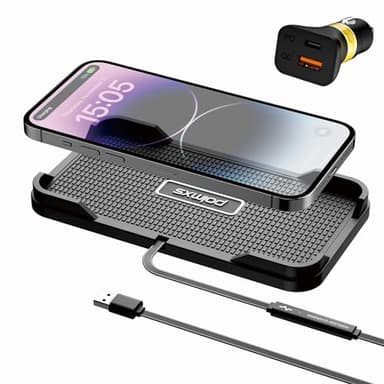 Wireless Charger Auto, Polmxs 15W Schnell Kabellose Ladestation Auto rutschfeste Matte Large Size Ladepad mit 40W USB-A Kfz-Ladegerät für iPhone 16–11 XS 8 Samsung S24 S23 Note 10+ (1M Kabel)
