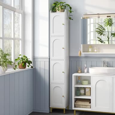 Hzuaneri Badezimmerschrank, Hochschrank Badezimmer mit 4 Türen, schlanker Badschrank, badschrank schmal hoch, verstellbaren Ablagen, Wohnzimmer, Küche, Schlafzimmer, 26 x 28 x 180 cm, Weiß BC43313G