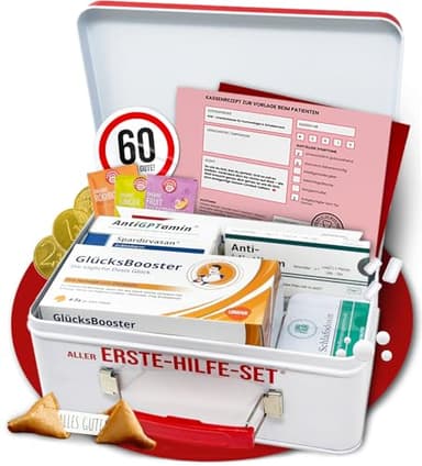 Lustiges Aller-Erste-Hilfe Geschenkset – Humorvolle Geschenkbox zum Geburtstag mit leckerem Gute-Laune Inhalt – Geschenkidee für Freunde & Familie (60. Geburtstag)