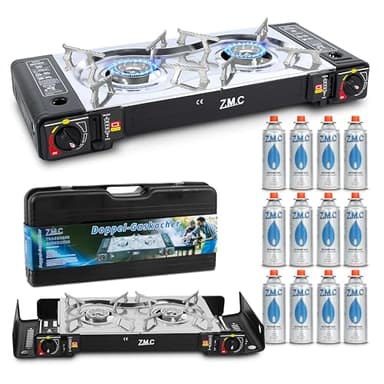 ZMC Camping Gaskocher 2-flammig inkl. Adapter für LPG Anschluss + 12 Gaskartuschen 227g + Aufbewahrungskoffer, Wärmeleistung: 2,5KW, Campingkocher mit Piezozündung für Outdoor und Innenraum