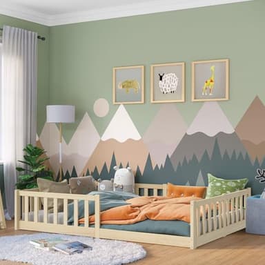 Bellabino Vere Bodenbett 140x200 cm – Montessori Kinderbett mit Rausfallschutz & Lattenrost – Massives Kinder Bett für Jungen & Mädchen aus Holz Kiefer – Kleinkindbett in Natur