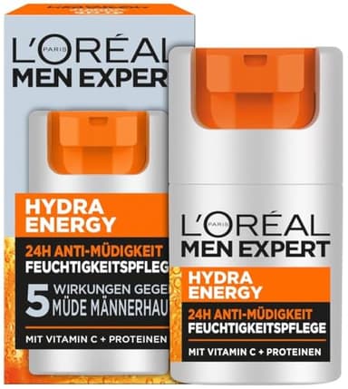 L'Oréal Men Expert Gesichtspflege gegen müde Haut für Männer, Belebende Feuchtigkeitscreme 24H Anti-Müdigkeit, Gesichtscreme für Herren mit Vitamin C und Proteinen, Hydra Energy, 1 x 50 ml