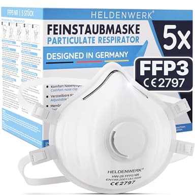 HELDENWERK® FFP3 Maske mit Ventil – 5er, 10er oder 20er Set – Atemschutzmaske/Staubschutzmaske zertifiziert Ausatemventil – Staubschutzmasken mit verstellbaren Hinterkopfband (5er Pack)