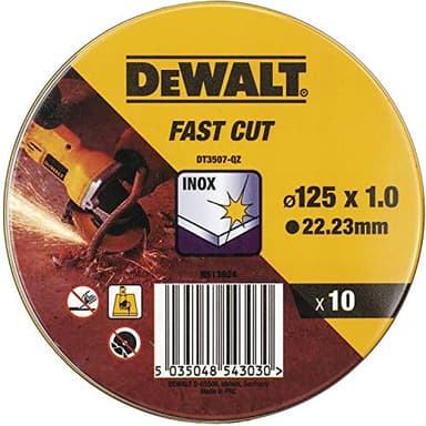 Dewalt 10er Dose Trennscheibe Inox Edelstahl DT3507 (Standard Edelstahl-Trennscheibe - flach, ø 125 mm x 1,0 mm, für schnelle und saubere Schnitte, mit verstärktem Fiberglas, für Winkelschleifer)