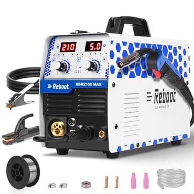 Reboot 6-in-1 Schweißgerät 210A MIG/MAG mit/ohne Gas MMA Lift-TIG Alu Punktschweißen Synergisch/Manuell 230V LED-Display, DIY Werkstatt Profi RBM2100 MAX