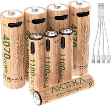 AKTTKA Wiederaufladbare Lithium-Batterien AA AAA 1,5 V, 4× AA 4070 mWh + 4× AAA 1100 mWh, 5V/2A Laden, USB-C Direktladung mit 1-zu-4 Ladekabel, für Fernbedienung, Waage, Thermometer, Gamecontroller