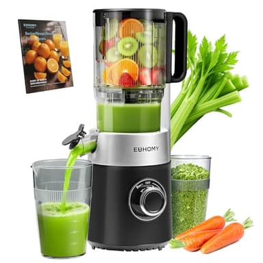 EUHOMY Entsafter, Slow Juicer, Entsafter Gemüse und Obst Testsieger mit | 135MM Einfüllöffnung | 1,8 L Füllvolumen | 2 Tassen | Saftpresse Elektrisch, Blacksilver