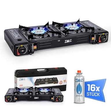 Z.M.C Camping Gaskocher 2-flammig mit 16x Gaskartuschen 227g, 2,5 KW inkl. Adapter für LPG Anschluss + Aufbewahrungskoffer Campingkocher Set mit Piezozündung, für Outdoor und Innenraum