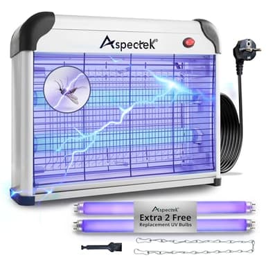 ASPECTEK Elektrischer Insektenvernichter 20W 2800V – UV Mückenfalle & Fliegenfalle für Innen, Insektenlampe gegen Mücken, Fliegen, Gnitzen, Inklusive 2 Ersatz-UV-Röhren