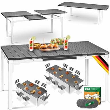 KESSER® Gartentisch ausziehbar Esstisch 180/240x90cm erweiterbar bis 8 Personen Ausziehtisch mit pulverbeschichtetem Stahl-Gestell & HDPE Tischplatte Wetterfest & UV-Beständig inkl. 6 Filz-Untersetzer