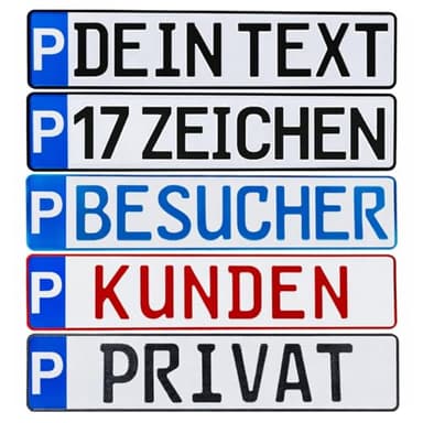 Parkplatzschild Parkplatzkennzeichen Parkplatzkennzeichnung Wunschtext bis 17 Zeichen Parkplatz-Kennzeichen Schild individuell Farbe Bohrung Markierung Parkplatzmarkierung Standplatz Wunschprägung