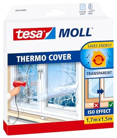 tesa INSULATION Fenster-Isolierfolie - Transparente Isolierfolie zur Wärmedämmung an Fenstern - Inklusive praktischer Klebelösung - 1,7 m x 1,5 m